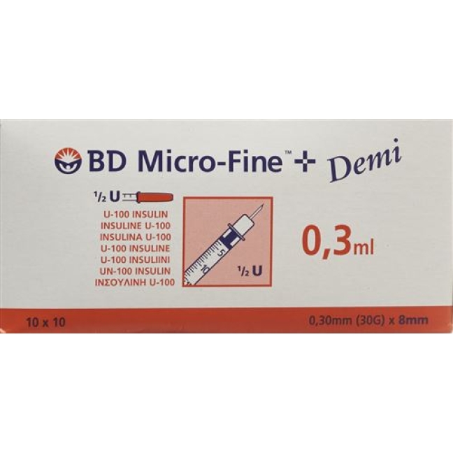 BD Microfine+ Demi U100 Insulin Spritzen 0.30мм x 8мм 100x 0.3мл