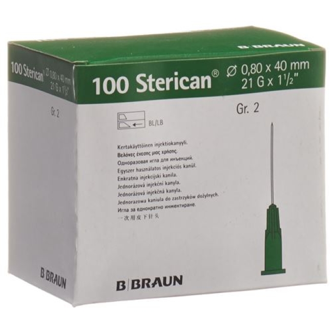 Sterican Nadel 21г 0.80x40мм Grun Luer 100 штук