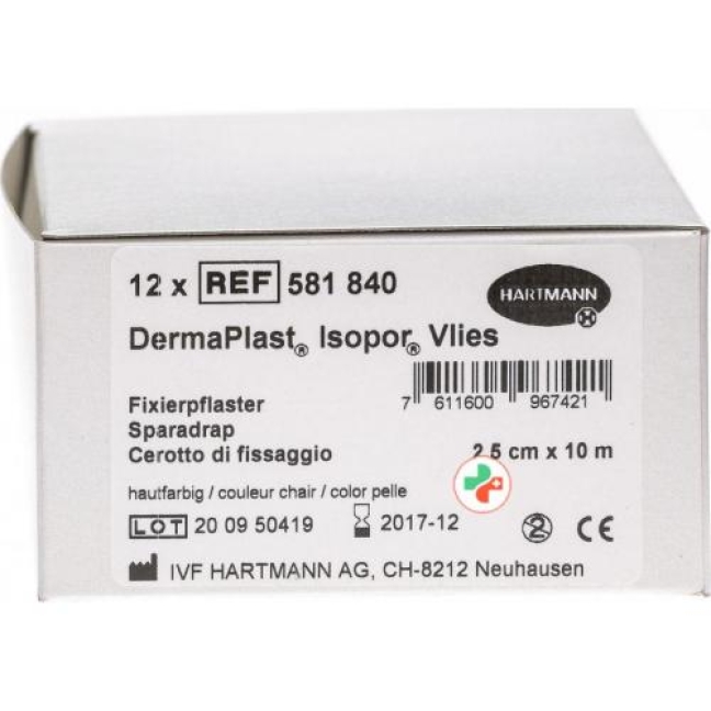 Dermaplast Isopor фиксирующий пластырь 10мX2.5см Vlies телесный цвет 12 штук